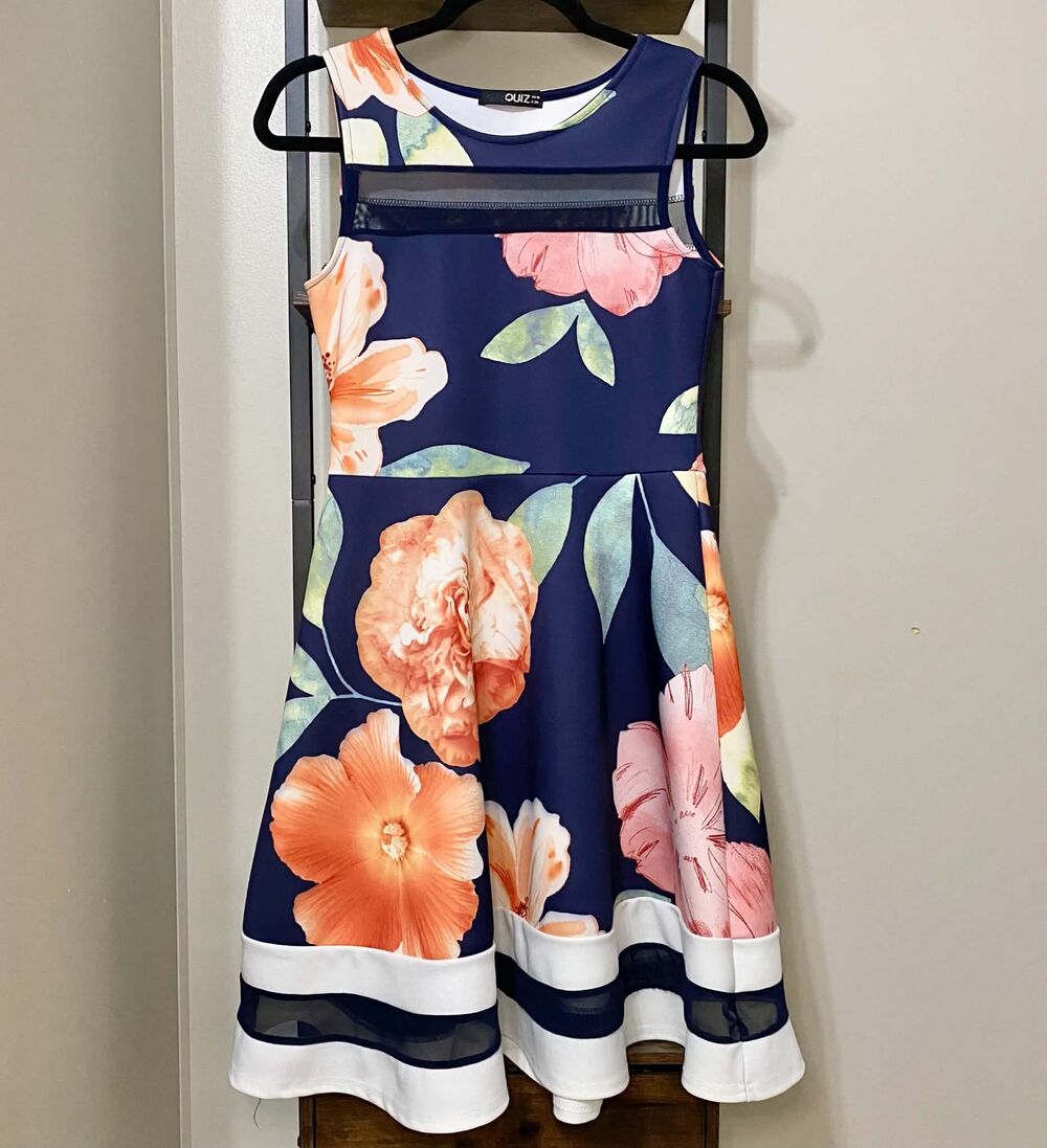 QUIZ Floral Fit & Flare Dress Navy Orange Pink White Colorblock Mesh Trim Small